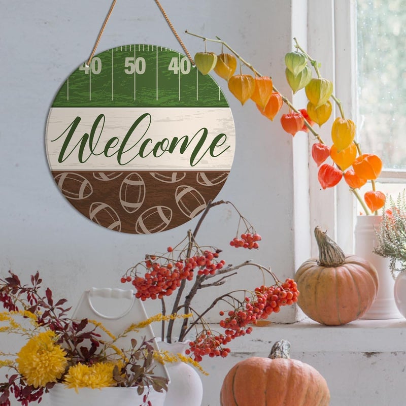 HSNBT Football Welcome Sign Front Door Decor Fall Football Decor for Home Office Boys Bedroom Porch Farmhouse Sport Football Wooden Hanging Sign Wall Decorations, Fall Family Football - Image 3